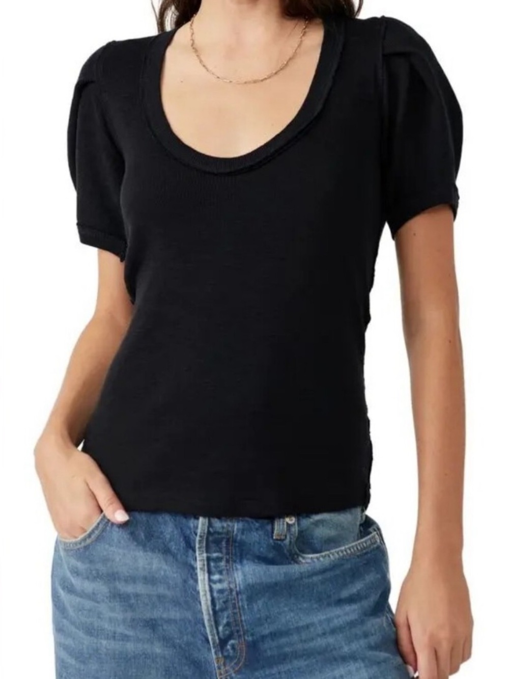 We The Free Black Puff Sleeve Scoop Neck Top